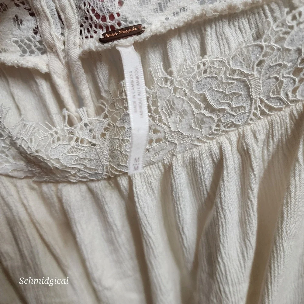 Free People Cream Lace Trim Peasant Blouse Long Sleeve Boho Top Medium